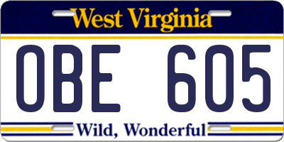 WV license plate OBE605