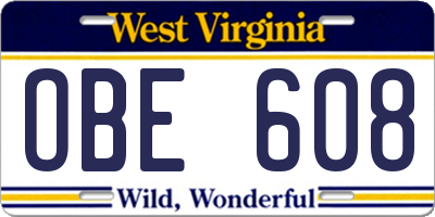 WV license plate OBE608