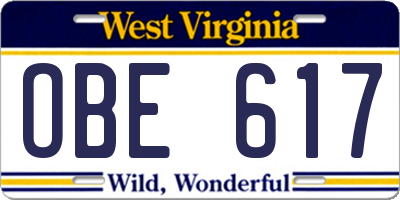 WV license plate OBE617