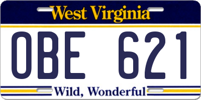 WV license plate OBE621