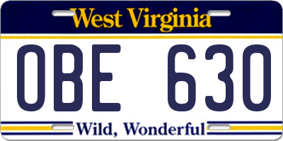 WV license plate OBE630