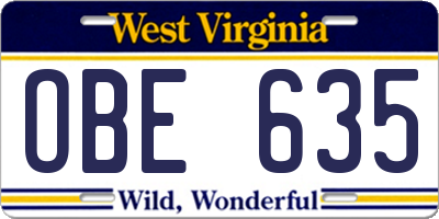 WV license plate OBE635
