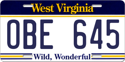 WV license plate OBE645
