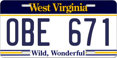 WV license plate OBE671