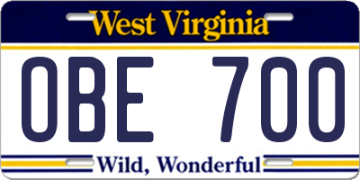 WV license plate OBE700