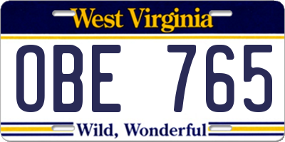 WV license plate OBE765