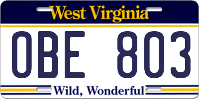 WV license plate OBE803