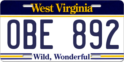 WV license plate OBE892