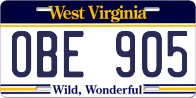 WV license plate OBE905