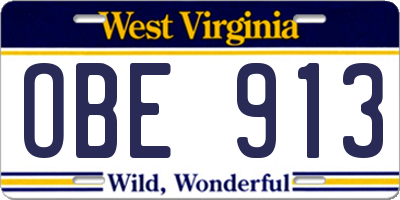 WV license plate OBE913