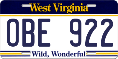 WV license plate OBE922