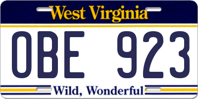 WV license plate OBE923