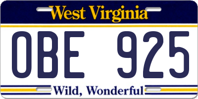 WV license plate OBE925