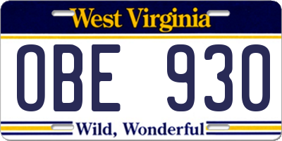 WV license plate OBE930