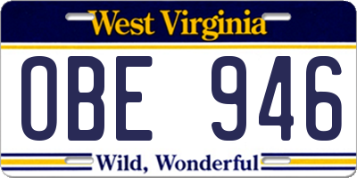 WV license plate OBE946
