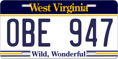 WV license plate OBE947