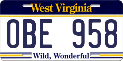 WV license plate OBE958