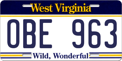 WV license plate OBE963