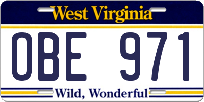 WV license plate OBE971
