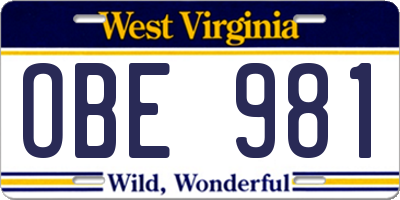 WV license plate OBE981
