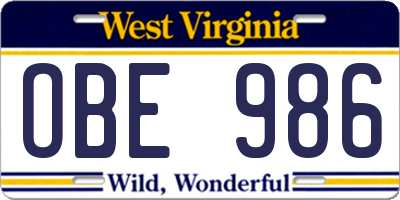 WV license plate OBE986