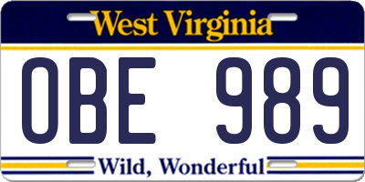 WV license plate OBE989