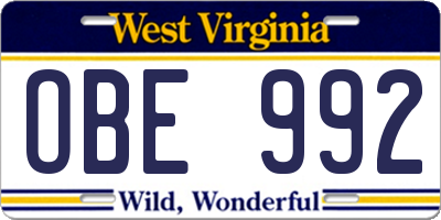 WV license plate OBE992