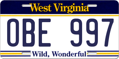 WV license plate OBE997