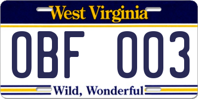 WV license plate OBF003