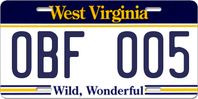 WV license plate OBF005