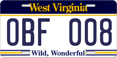 WV license plate OBF008