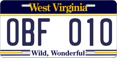 WV license plate OBF010