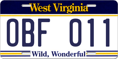 WV license plate OBF011
