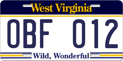 WV license plate OBF012