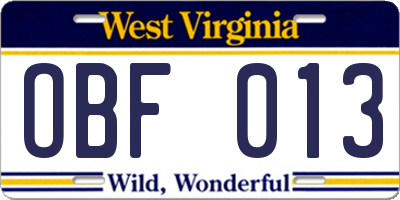 WV license plate OBF013