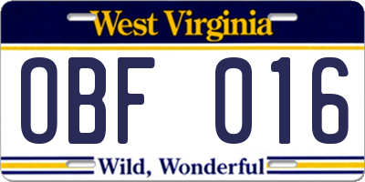 WV license plate OBF016
