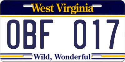 WV license plate OBF017
