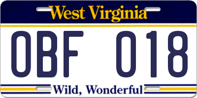 WV license plate OBF018