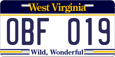 WV license plate OBF019