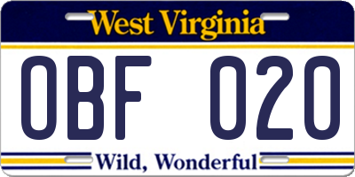 WV license plate OBF020