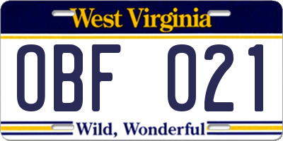 WV license plate OBF021