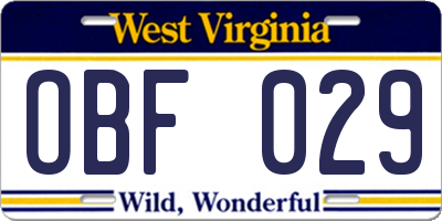 WV license plate OBF029
