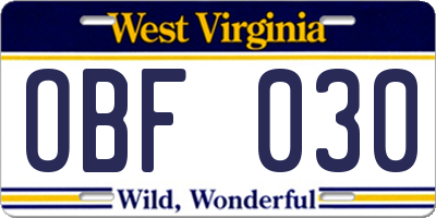 WV license plate OBF030