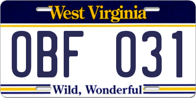 WV license plate OBF031