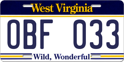 WV license plate OBF033