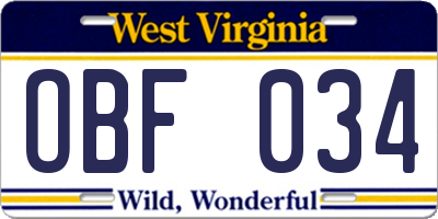 WV license plate OBF034