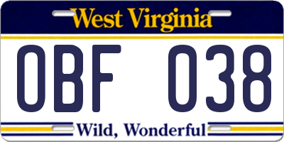 WV license plate OBF038