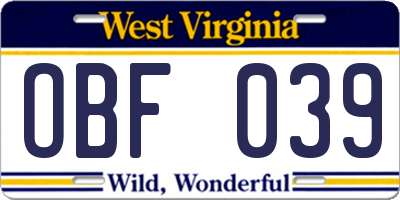 WV license plate OBF039