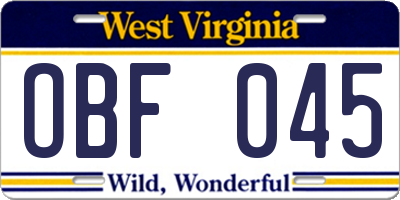 WV license plate OBF045