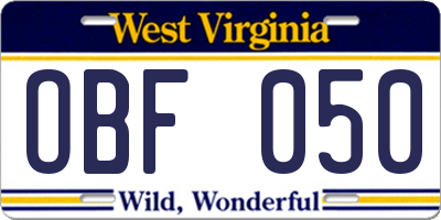 WV license plate OBF050